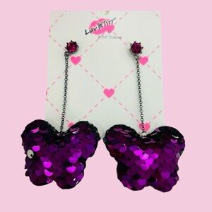 💜🦋LUV BETSEY Purple Sequin Puffy Butterfly Chain Drop Earrings Betsey Johnson